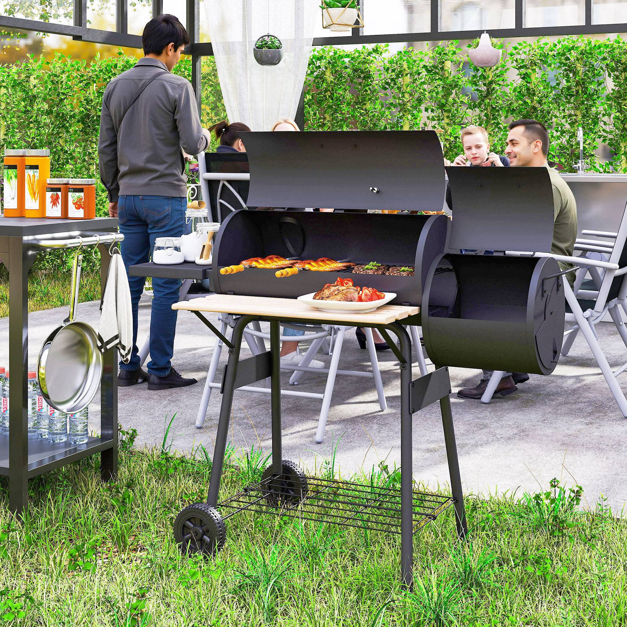 Sans Marque - Barbecue à charbon avec couvercle et fumoir, barbecue de jardin avec étagères et roulettes, 124 x 53 x 104 cm, noir - Image 3