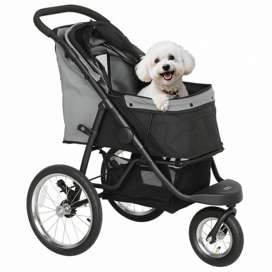 Poussette chien, petits chiens chats, panier rangement, pliage one-click, gris - Image 1