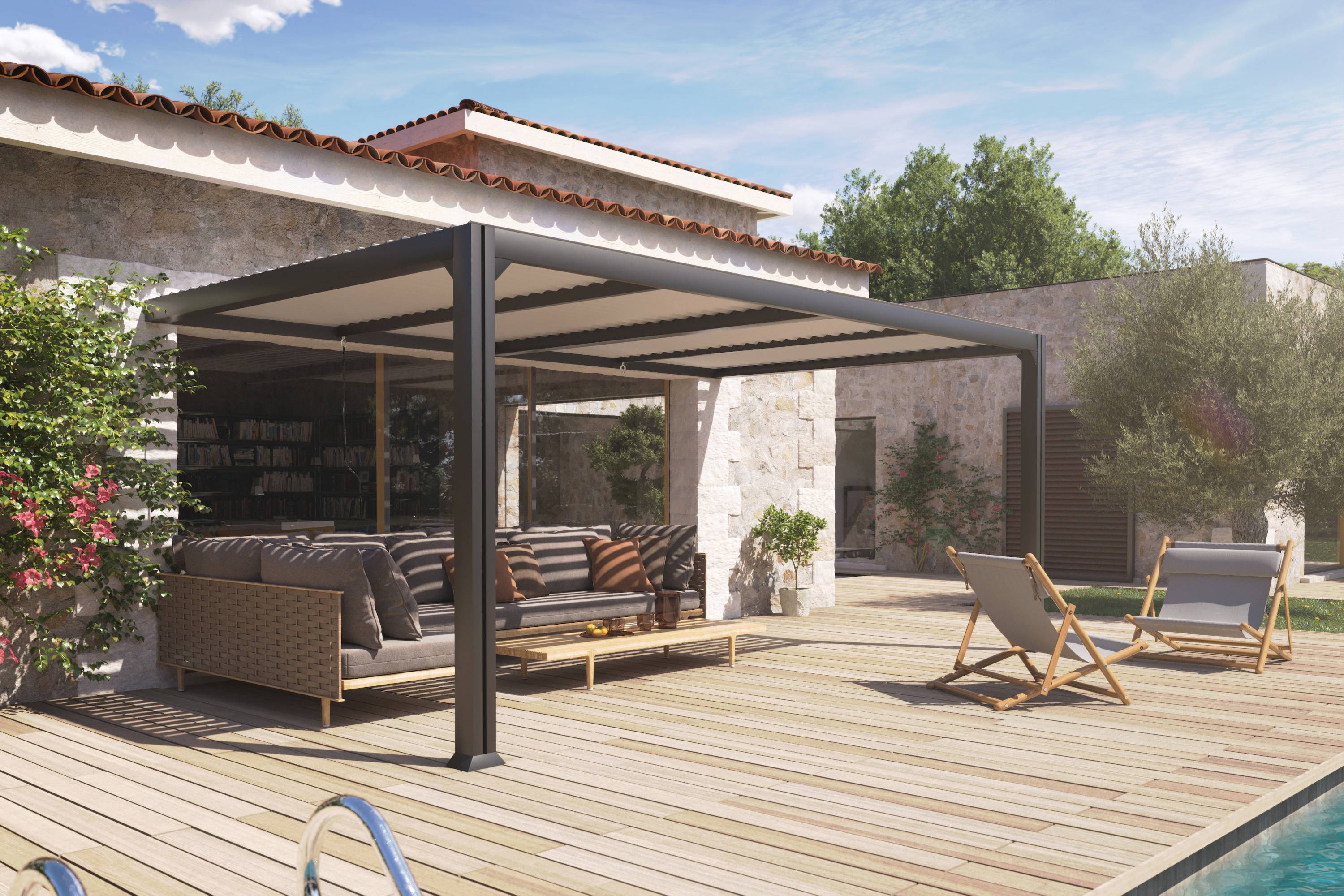 Couleurs du monde - Pergola adossée Charlotte 3,5x5 m aluminium toit plat design épuré – Couleurs du Monde