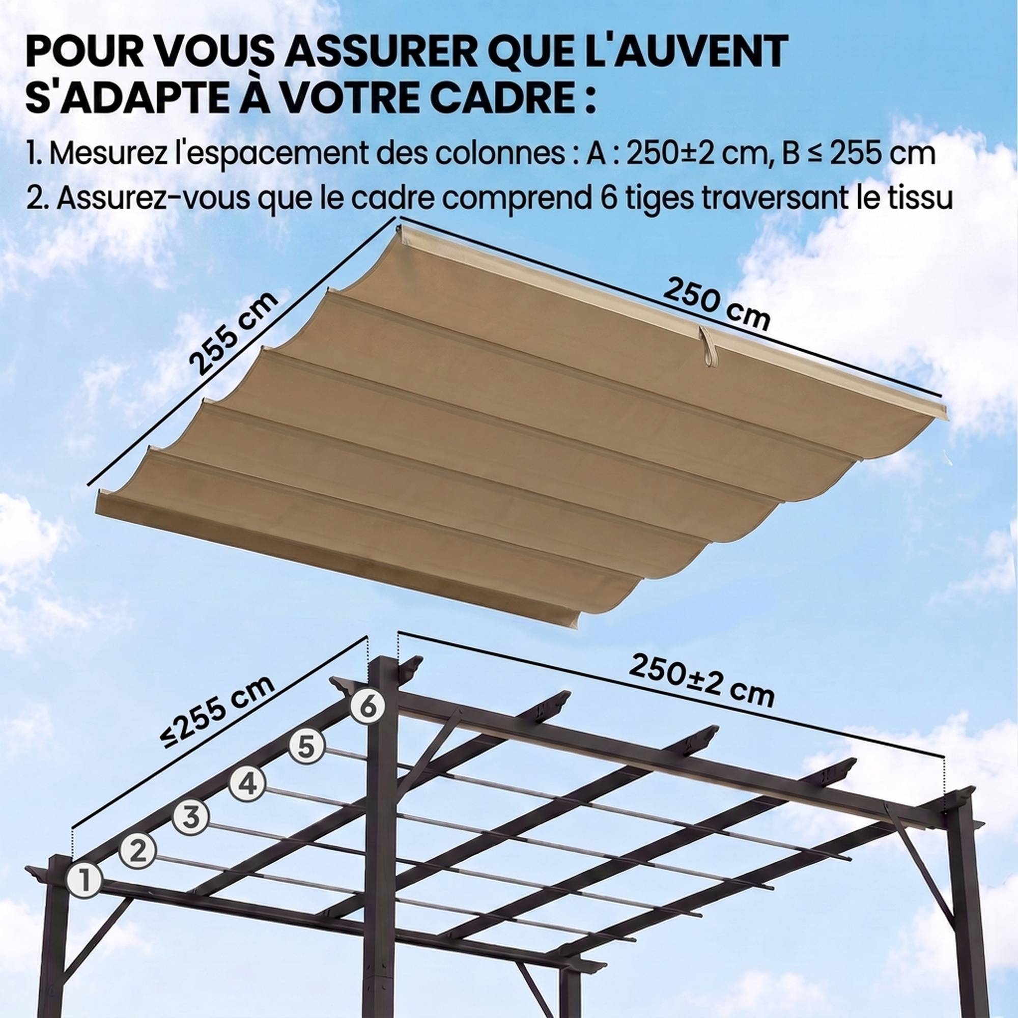 ComfortXL - Toile de rechange pour pergola rétractable en polyester écru 250 x 255 cm pour tonnelle 3 x 3 m avec drainage - Image 4