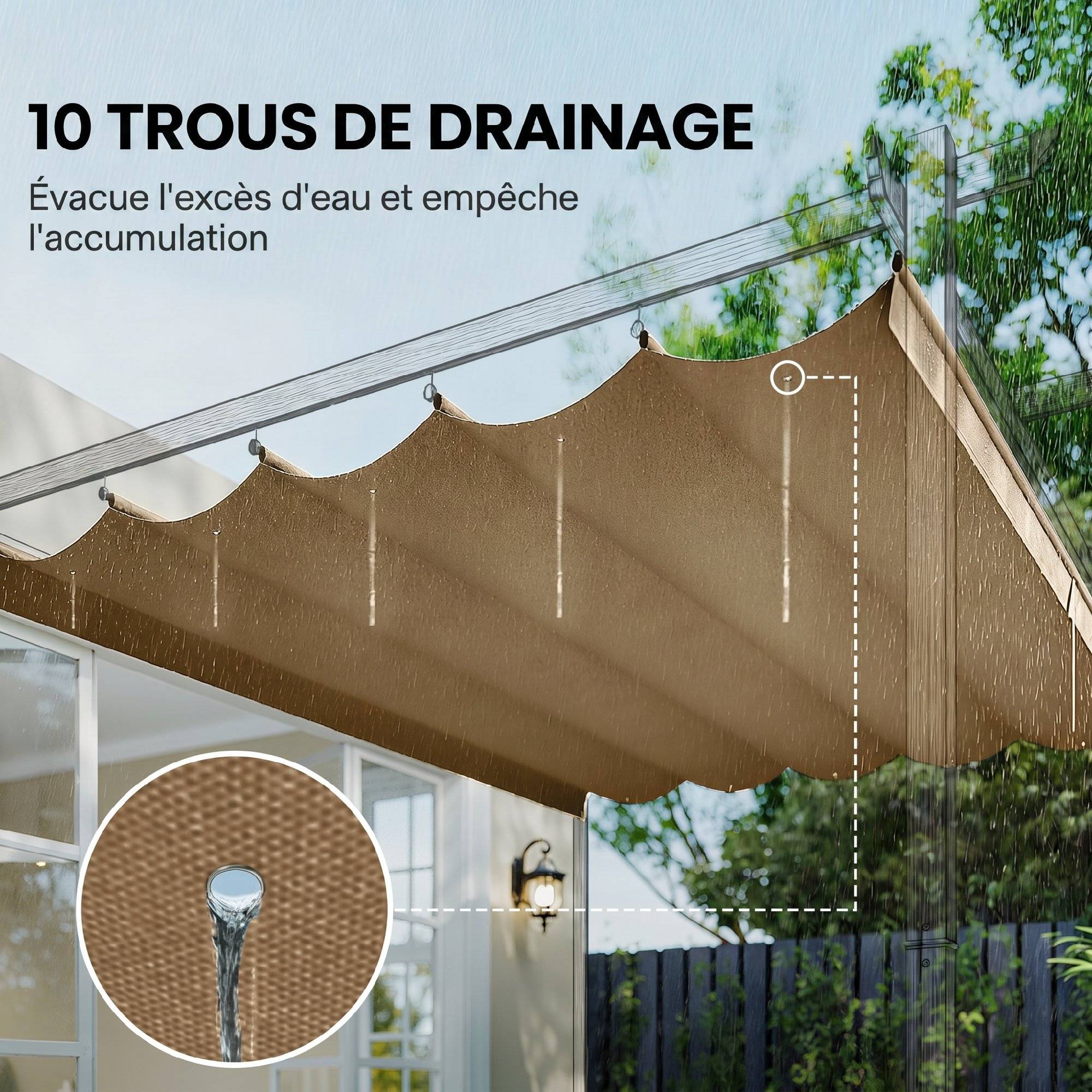 ComfortXL - Toile de rechange pour pergola rétractable en polyester écru 250 x 255 cm pour tonnelle 3 x 3 m avec drainage - Image 6
