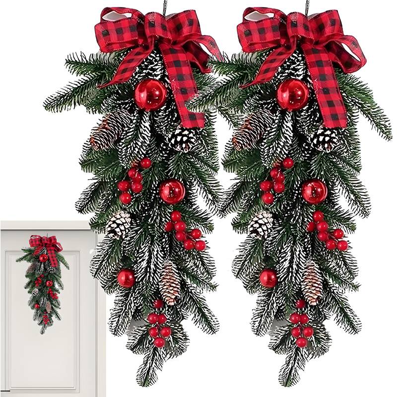 2 couronnes de Noël 60 cm - Décorations de sapin de Noël avec pommes de pin et baies rouges - Pour portes, murs et cheminées - Image 1