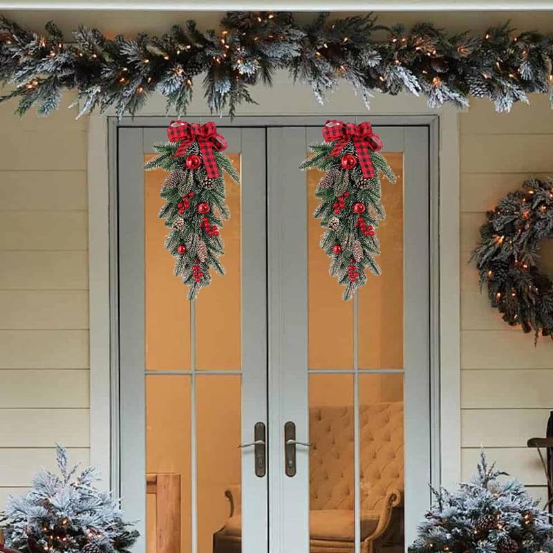 2 couronnes de Noël 60 cm - Décorations de sapin de Noël avec pommes de pin et baies rouges - Pour portes, murs et cheminées - Image 7