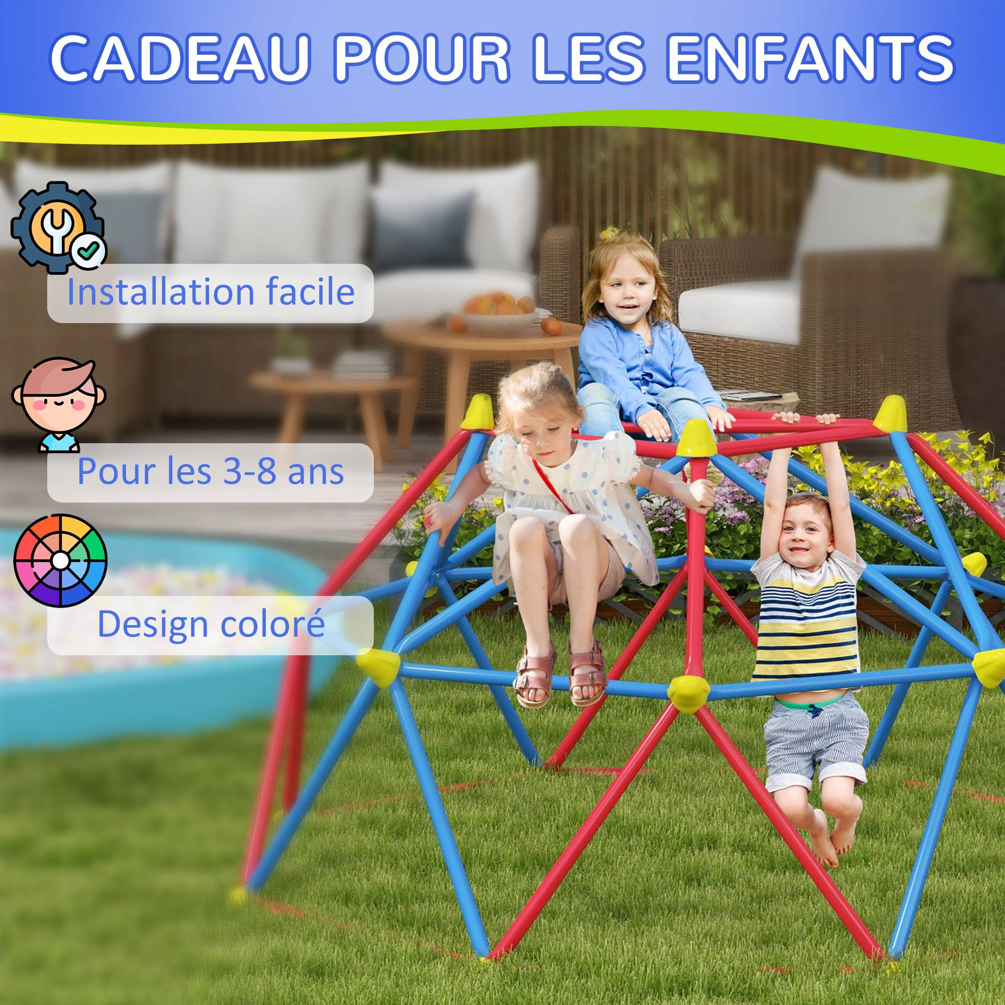 Dôme d'escalade enfant cage d'escalade structure en métal charge max. 180 kg assemblage facile 183 cm multicolore - Image 9