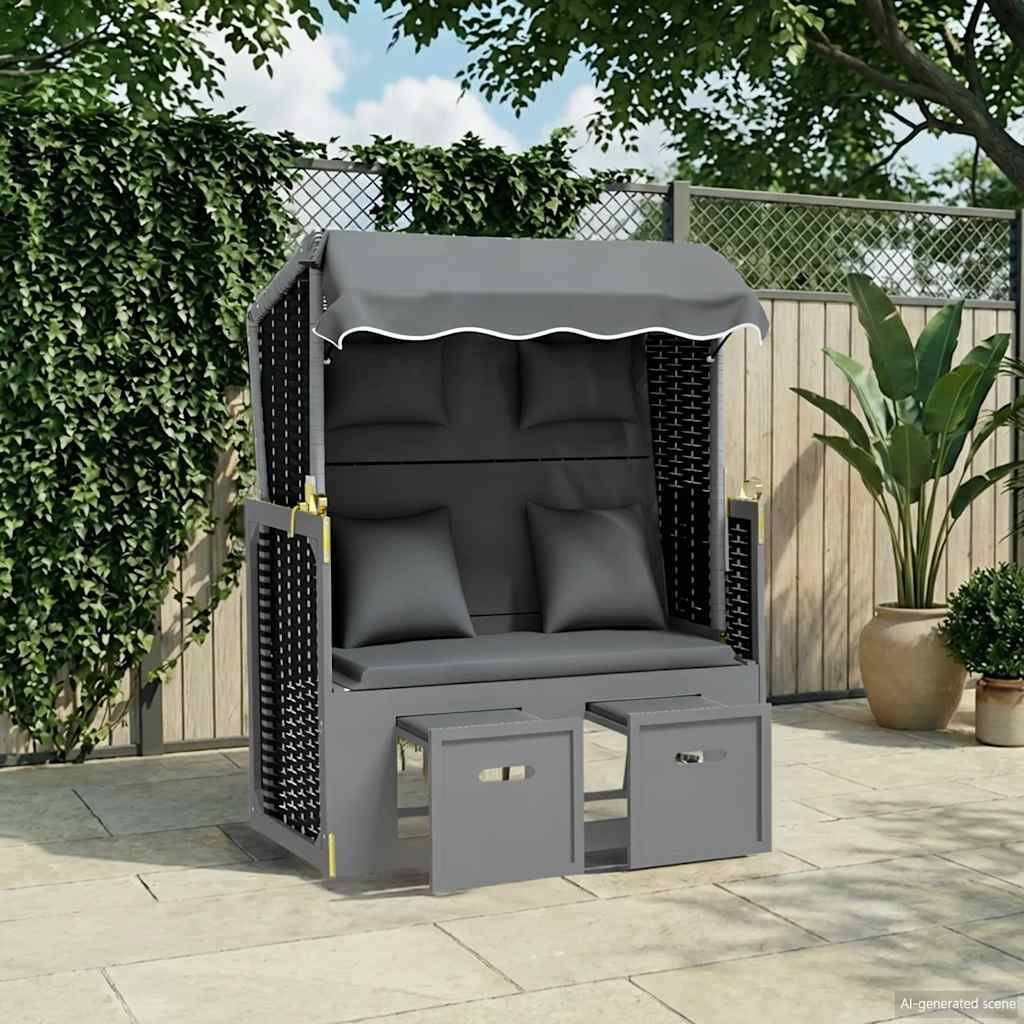 Strandkorb avec coussin poly rotin bois solide anthracite noir 115 x 55 x 133/151/156 cm - PANGIVO