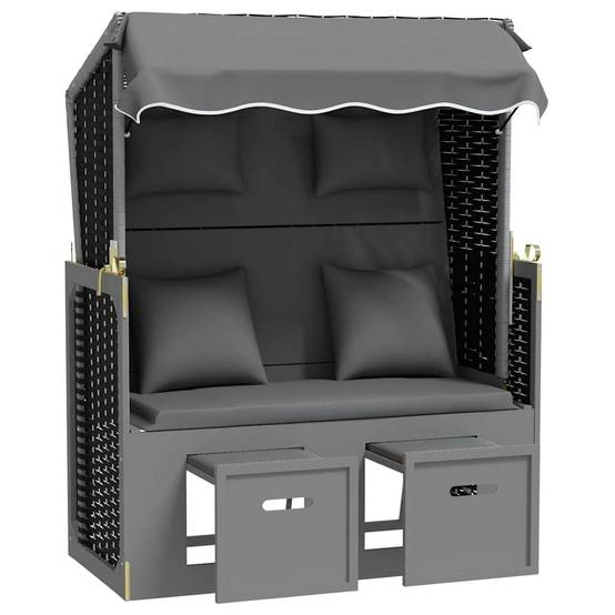 Strandkorb avec coussin poly rotin bois solide anthracite noir 115 x 55 x 133/151/156 cm - PANGIVO - Image 2