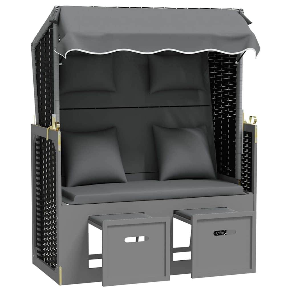 Strandkorb avec coussin poly rotin bois solide anthracite noir 115 x 55 x 133/151/156 cm - PANGIVO - Image 2