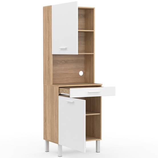 Buffet de cuisine 60 CM CINA 2 portes + tiroir façon hêtre et blanc - Image 4
