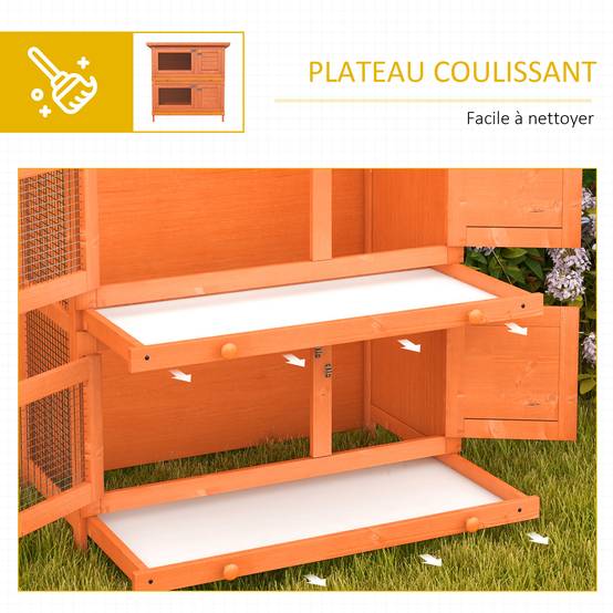 Clapier à Lapin Double Niveau avec Plateaux Coulissants 4 Portes Verrouillables et Toit Ouvrant 90 x 45 x 90 cm - Image 6