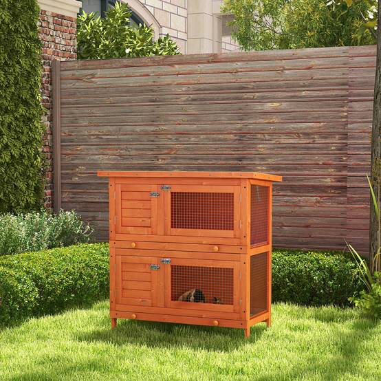 Clapier à Lapin Double Niveau avec Plateaux Coulissants 4 Portes Verrouillables et Toit Ouvrant 90 x 45 x 90 cm - Image 3