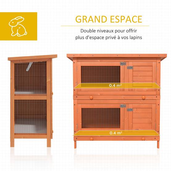 Clapier à Lapin Double Niveau avec Plateaux Coulissants 4 Portes Verrouillables et Toit Ouvrant 90 x 45 x 90 cm - Image 8
