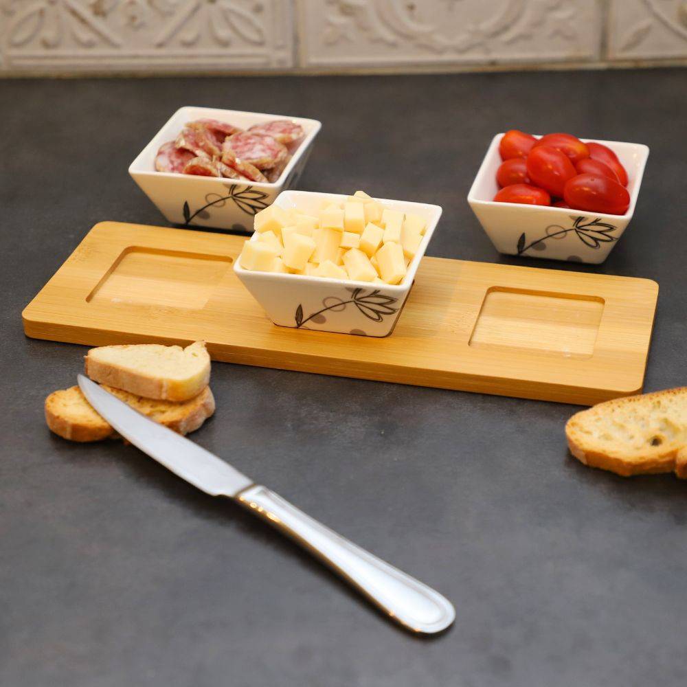 ~ Set apéritif tapas 3 verrines en bambou et céramique blanc et marron 36.5 x 10 cm Chemin de campagne - Image 4