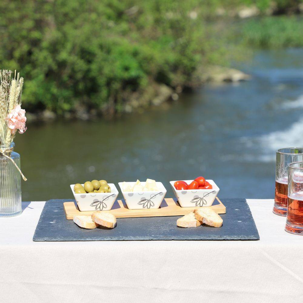 ~ Set apéritif tapas 3 verrines en bambou et céramique blanc et marron 36.5 x 10 cm Chemin de campagne - Image 2