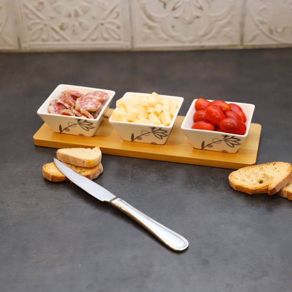 ~ Set apéritif tapas 3 verrines en bambou et céramique blanc et marron 36.5 x 10 cm Chemin de campagne - Image 3
