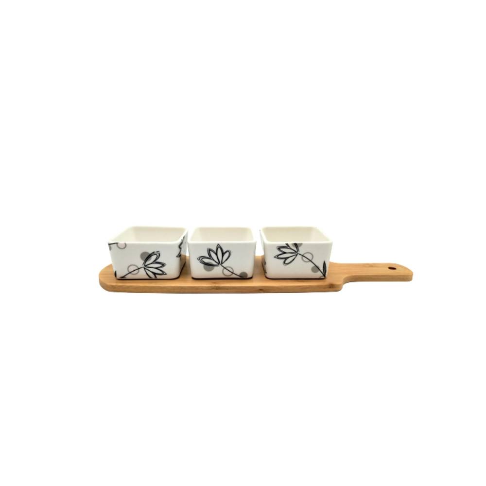 ~ Set apéritif tapas 3 verrines en bambou et céramique blanc et marron 36.5 x 10 cm Chemin de campagne - Image 1