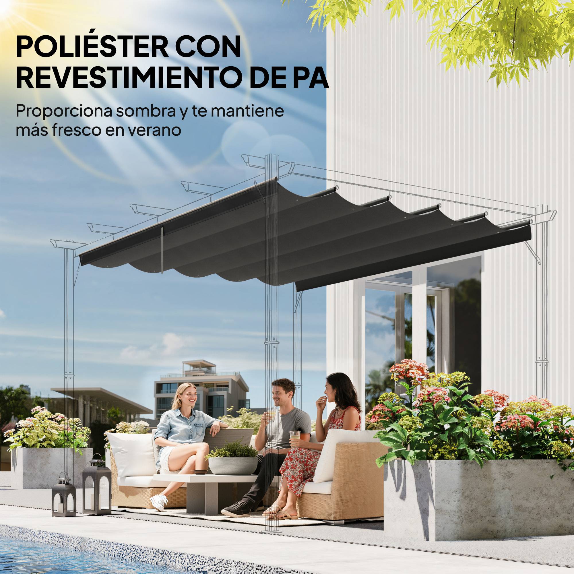 Toile de Rechange Rétractable Polyester pour Pergola 3x3m Anti-UV 250x255 cm Gris Foncé - ComfortXL Outdoor Living - Image 7