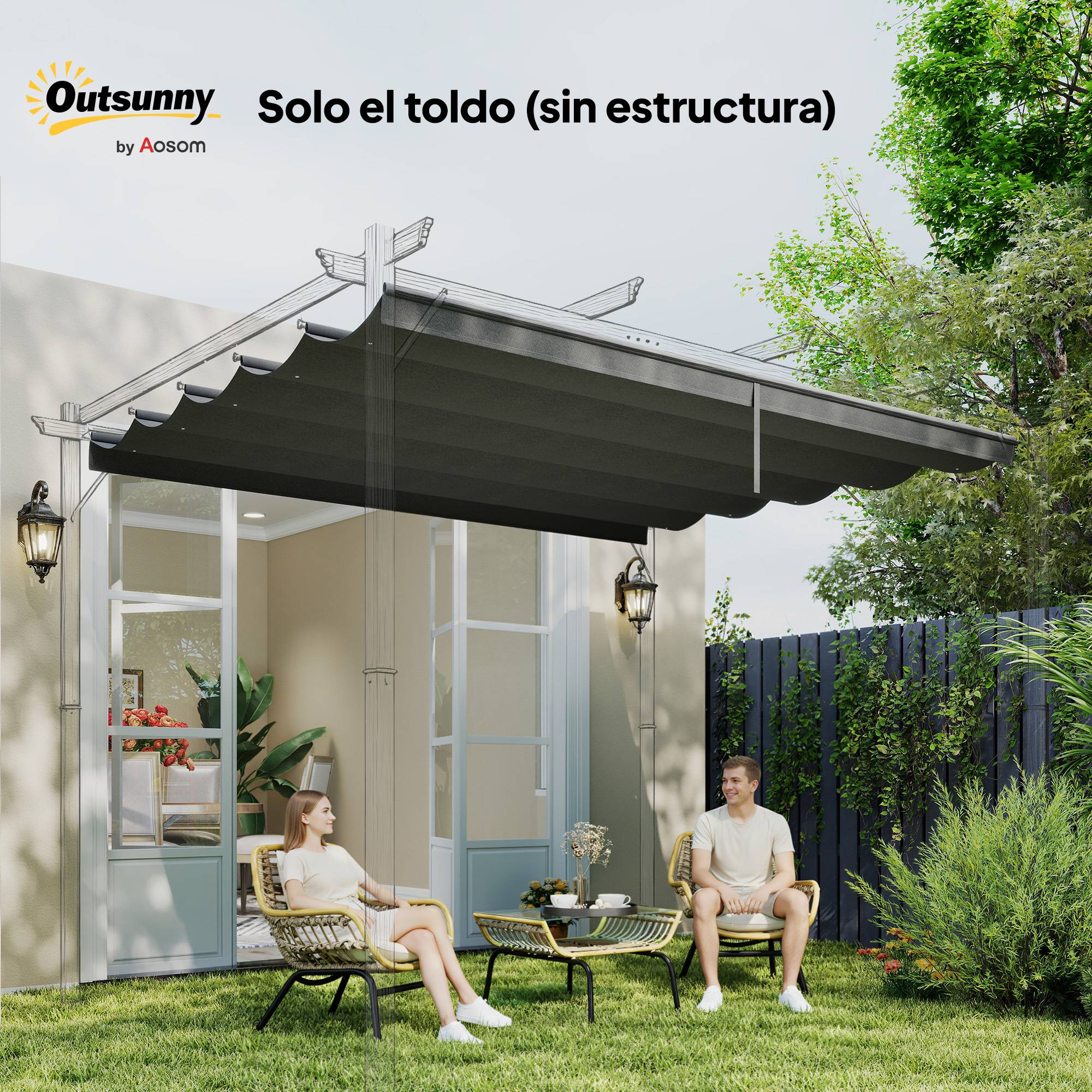 Toile de Rechange Rétractable Polyester pour Pergola 3x3m Anti-UV 250x255 cm Gris Foncé - ComfortXL Outdoor Living - Image 9