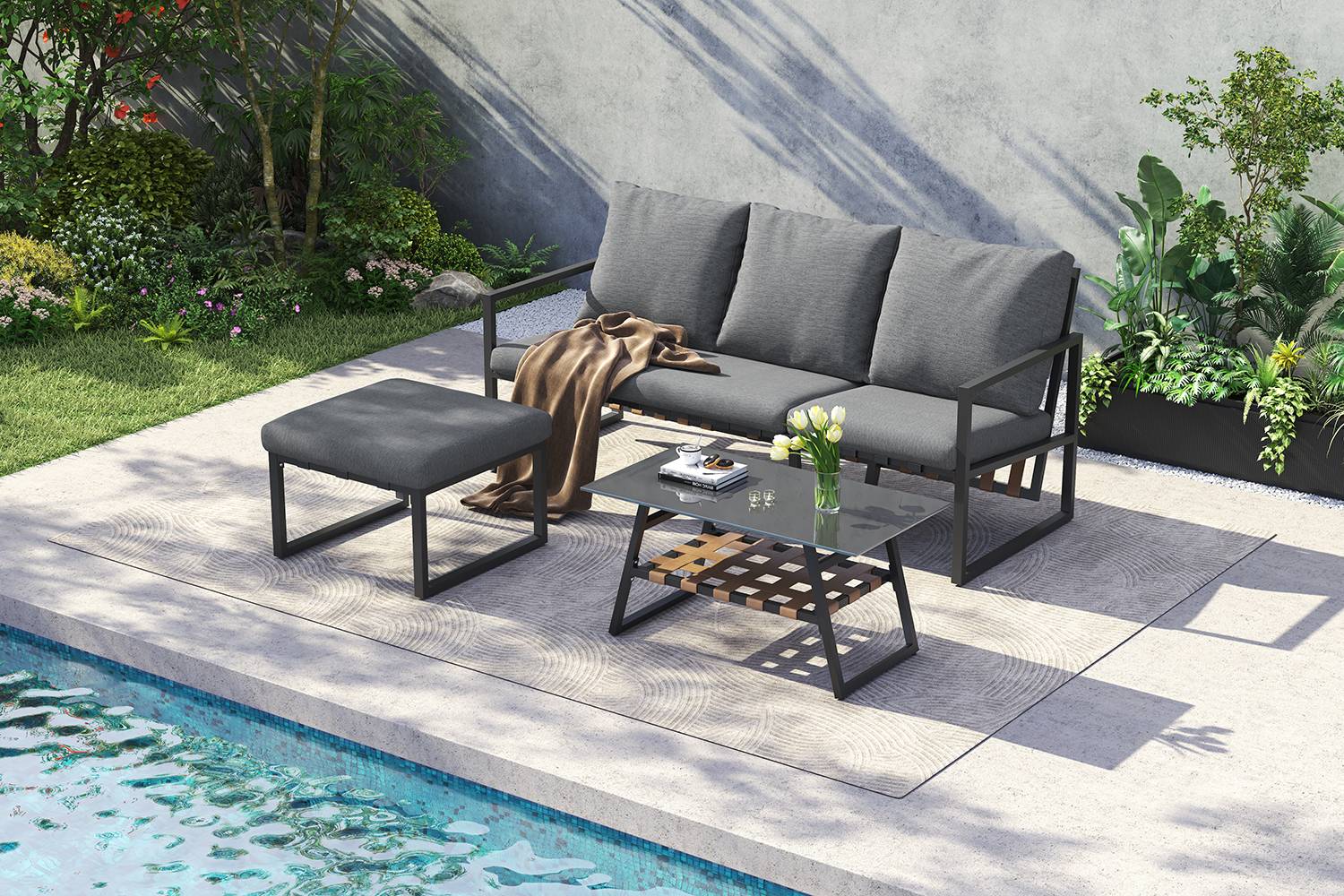 Canapé de jardin modulable avec table et pouf Acier Gris - PANGIVO - Image 9