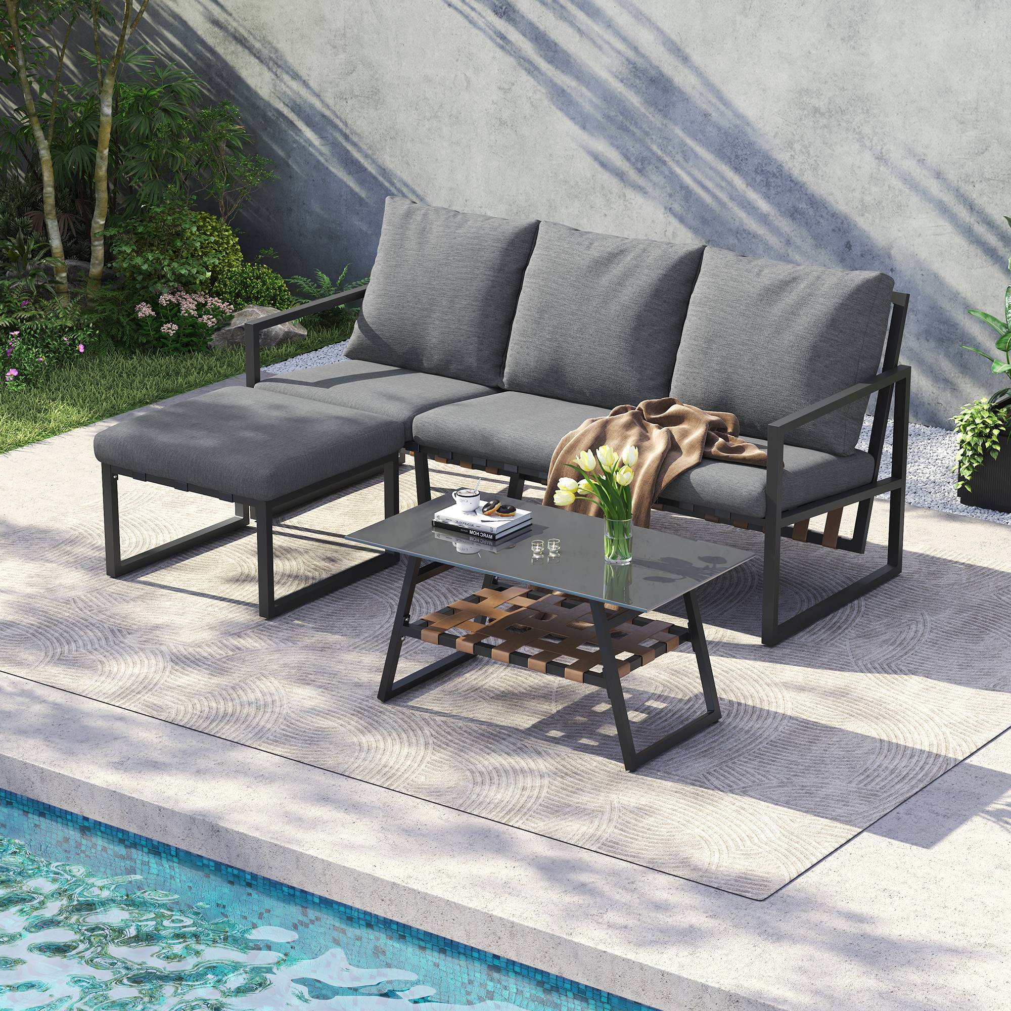 Canapé de jardin modulable avec table et pouf Acier Gris - PANGIVO - Image 1