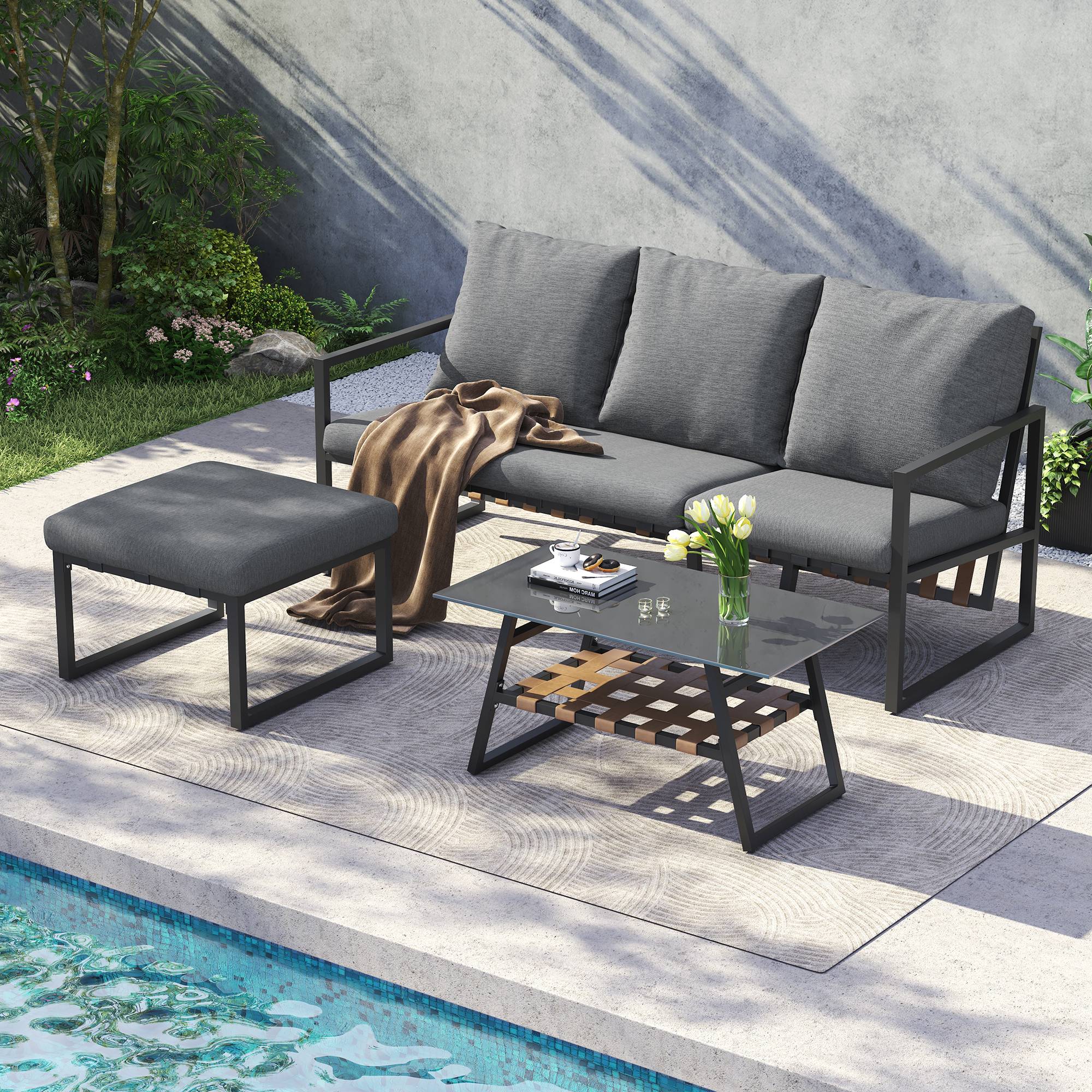 Canapé de jardin modulable avec table et pouf Acier Gris - PANGIVO - Image 2