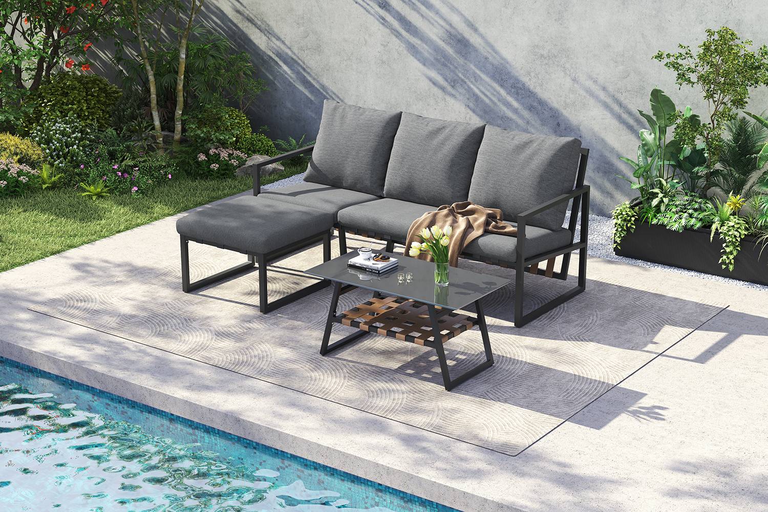 Canapé de jardin modulable avec table et pouf Acier Gris - PANGIVO - Image 8