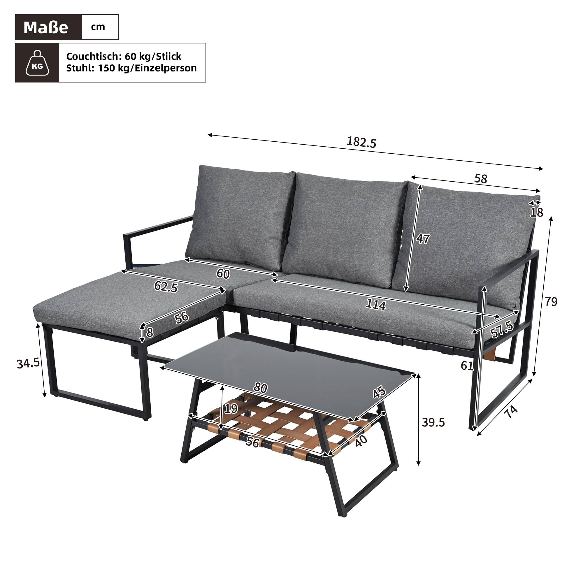 Canapé de jardin modulable avec table et pouf Acier Gris - PANGIVO - Image 3