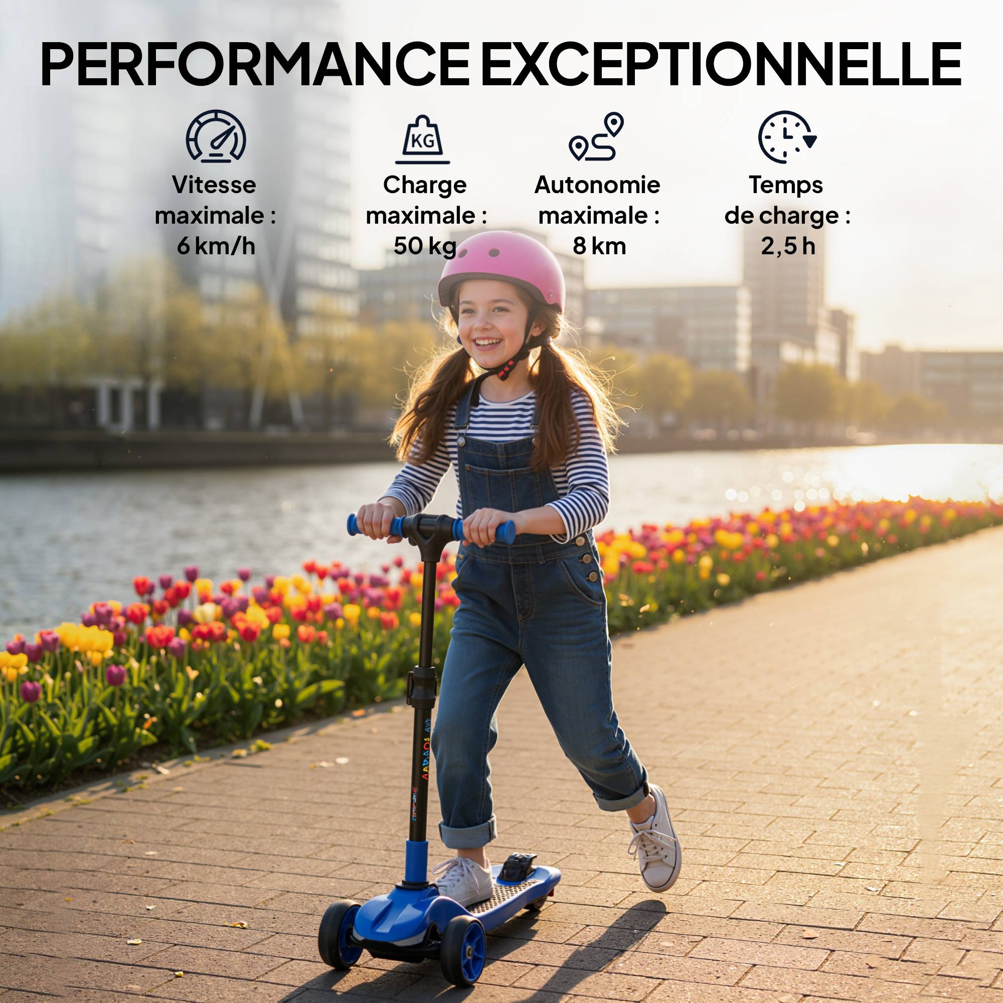 Trottinette électrique pour enfants 6+ ans, pliable 3 roues démarrage zéro, vitesse maximale 8 km/h 64 x 29 x 83 cm bleu - Image 9