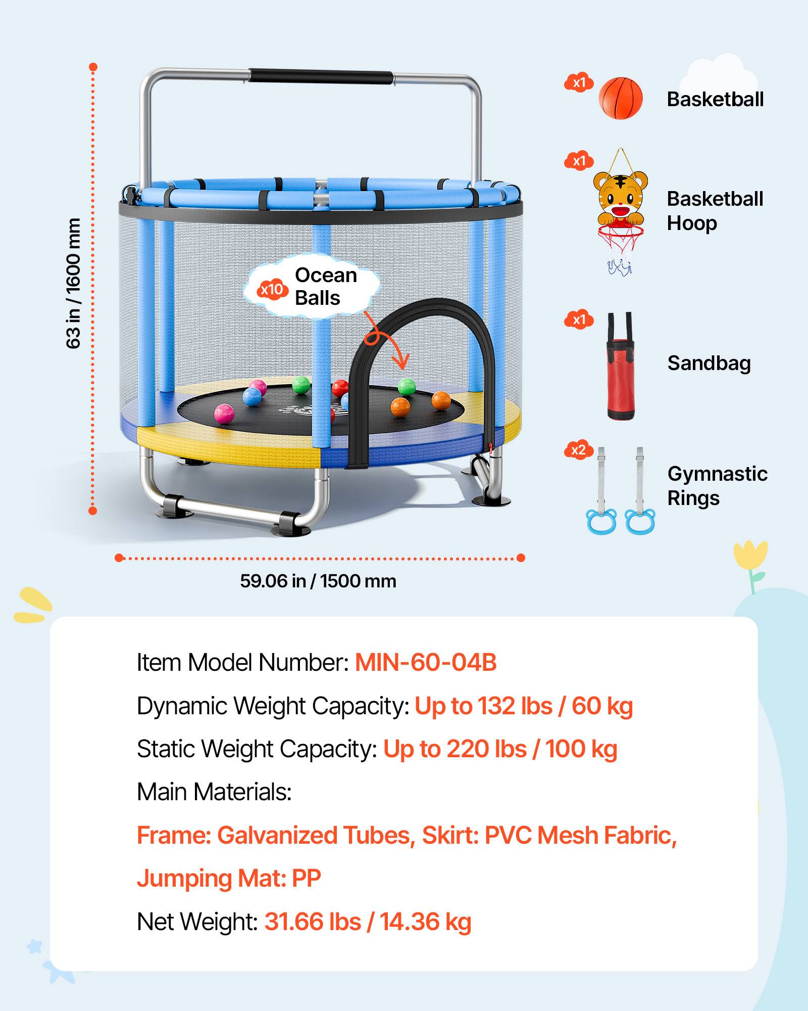 Vevor - VEVOR Trampoline enfant 150 cm, charge 60 kg, filet de sécurité, barre réglable, accessoires de jeu inclus - Image 6