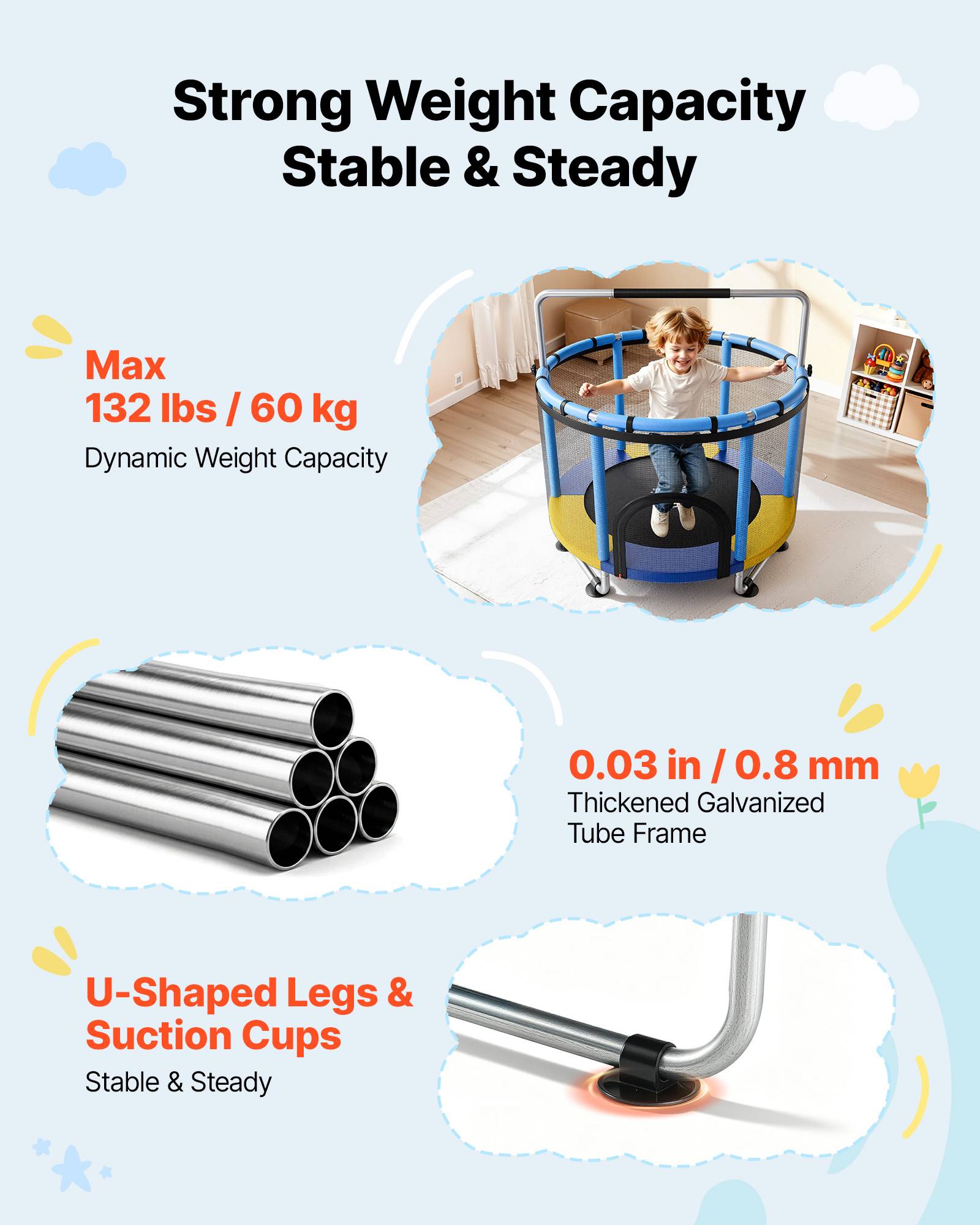 Vevor - VEVOR Trampoline enfant 150 cm, charge 60 kg, filet de sécurité, barre réglable, accessoires de jeu inclus - Image 2
