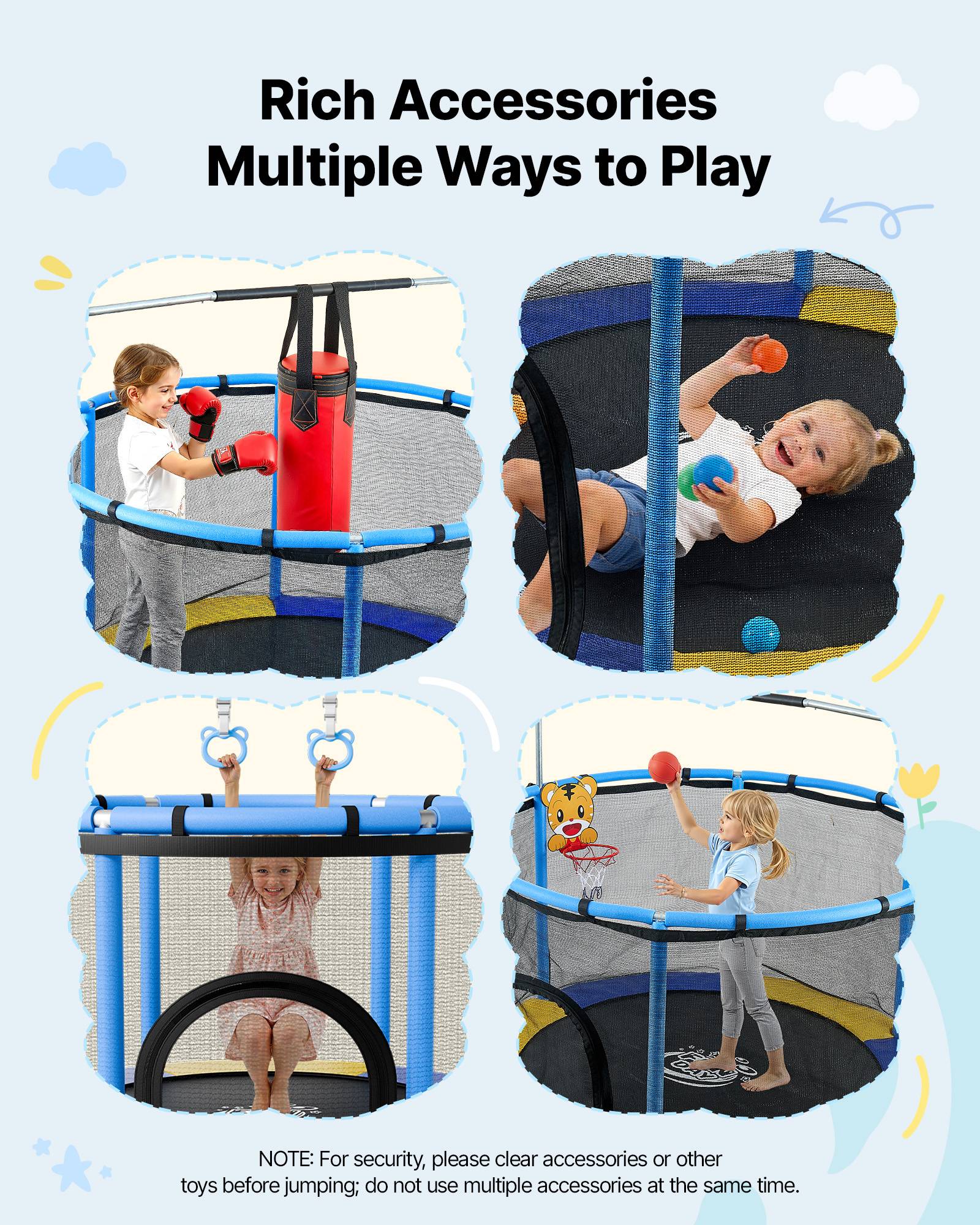 Vevor - VEVOR Trampoline enfant 150 cm, charge 60 kg, filet de sécurité, barre réglable, accessoires de jeu inclus - Image 5
