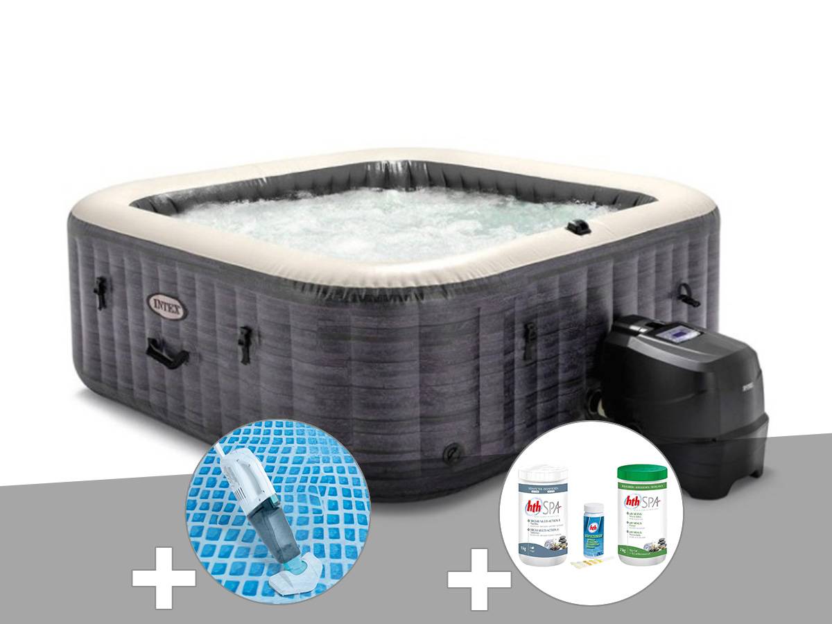 Kit spa gonflable Intex PureSpa Ardoise carré Bulles 6 places + Aspirateur + Kit traitement brome - Image 1