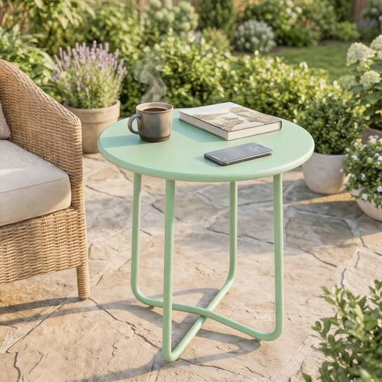 Sans Marque - Table Basse Extérieure Bord Enroulé Base X Pieds Réglables Salon Terrasse Ø48x51cm Vert - Image 4