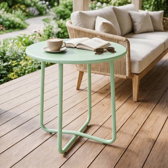 Sans Marque - Table Basse Extérieure Bord Enroulé Base X Pieds Réglables Salon Terrasse Ø48x51cm Vert - Image 3