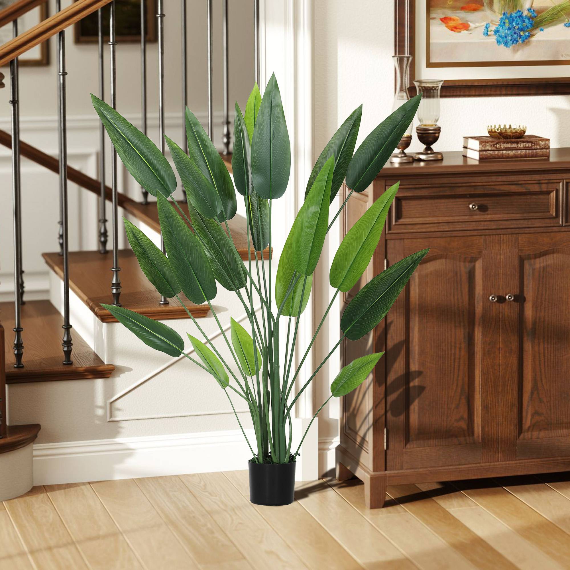Sans Marque - Plante artificielle d'oiseau de paradis verte à 20 feuilles, 140 cm, avec pot, en PE, PEVA et PP - Image 3