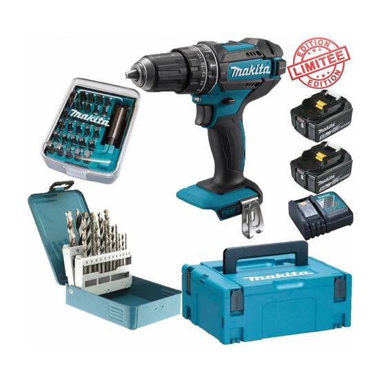 Perceuse visseuse à percussion Makita 18V 62Nm DHP482 + 2 batt 5 Ah + 30 embouts de vissage + 18 forets D-46202 Edition Limitée - Image 1