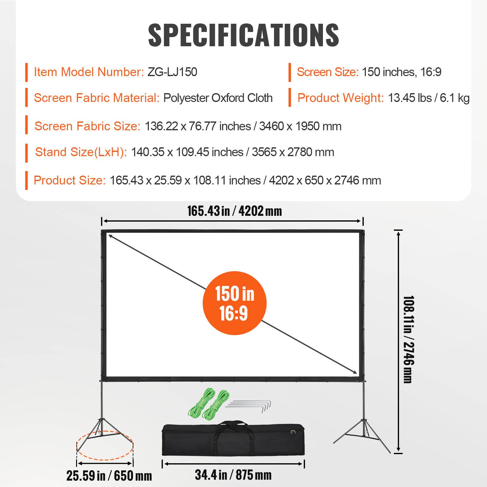 Vevor - VEVOR Écran projection sur pied portable 150 pouces 16:9 HD, double face anti-plis, sac. - Image 7