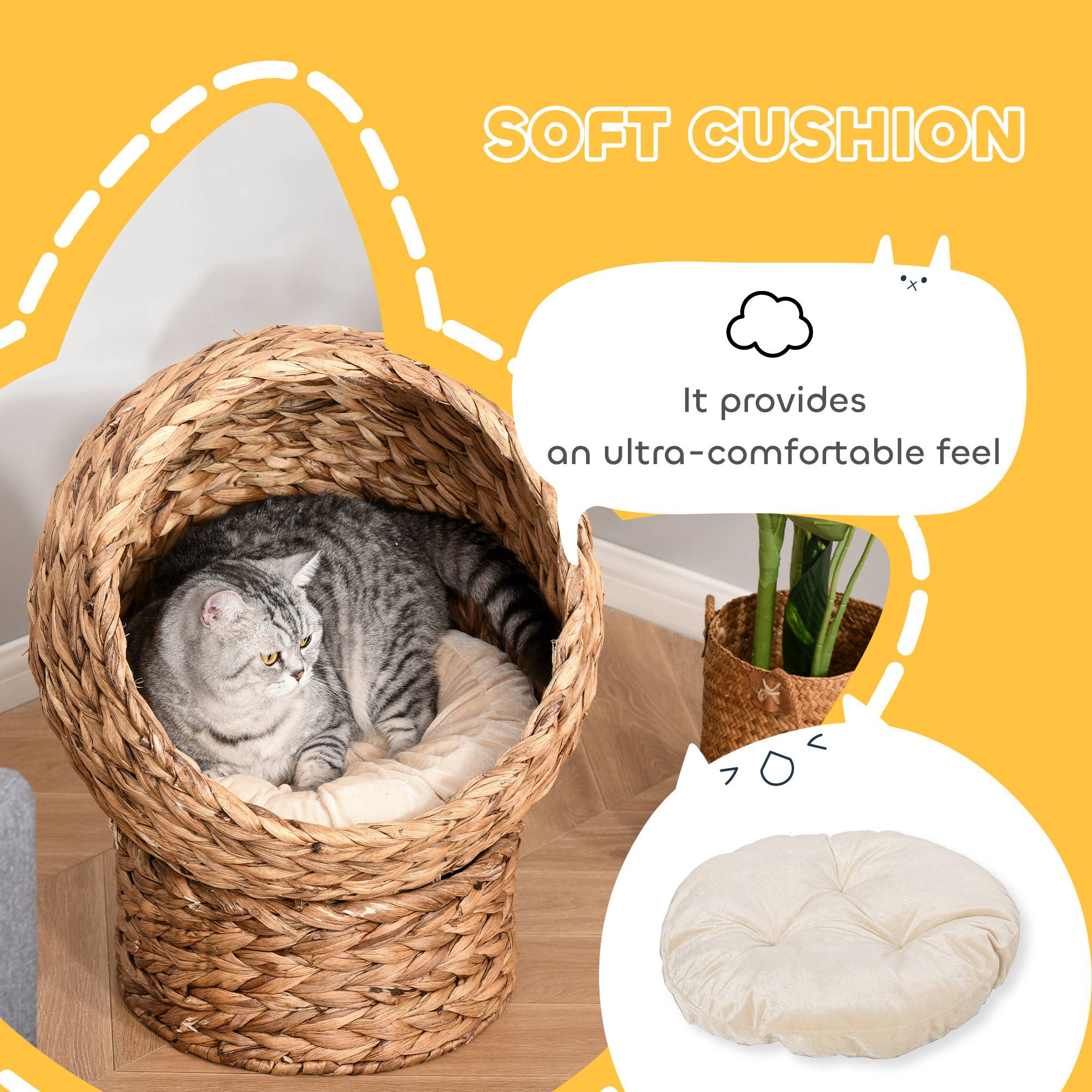 Panier pour chat en rotin, niche pour chat, maison pour chat, lit pour chat avec coussin, couchage pour animal de compagnie,50 x 42 x 60 cm - Image 8