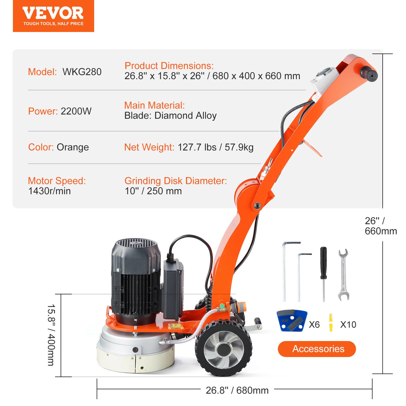 Vevor - VEVOR Ponceuse sol béton 2200W, disque 250 mm, 1430 tr/min, pour granit/marbre/pierre. - Image 7