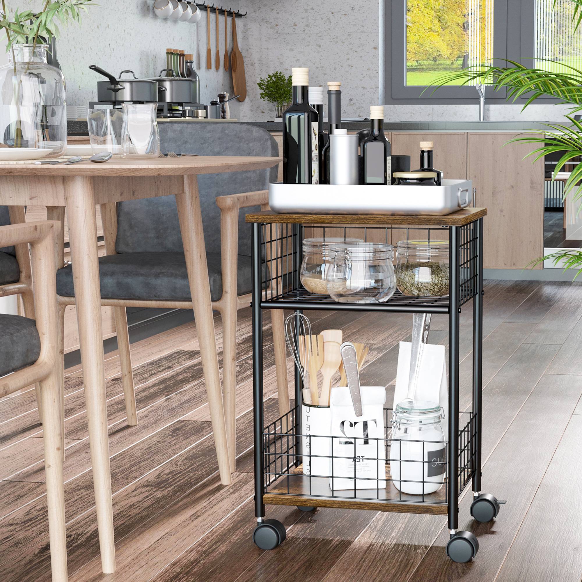 Sans Marque - Chariot cuisine style industriel 1 étagère 1 panier rangement 4 roues 40x30x62 cm acier noir marron - Image 3