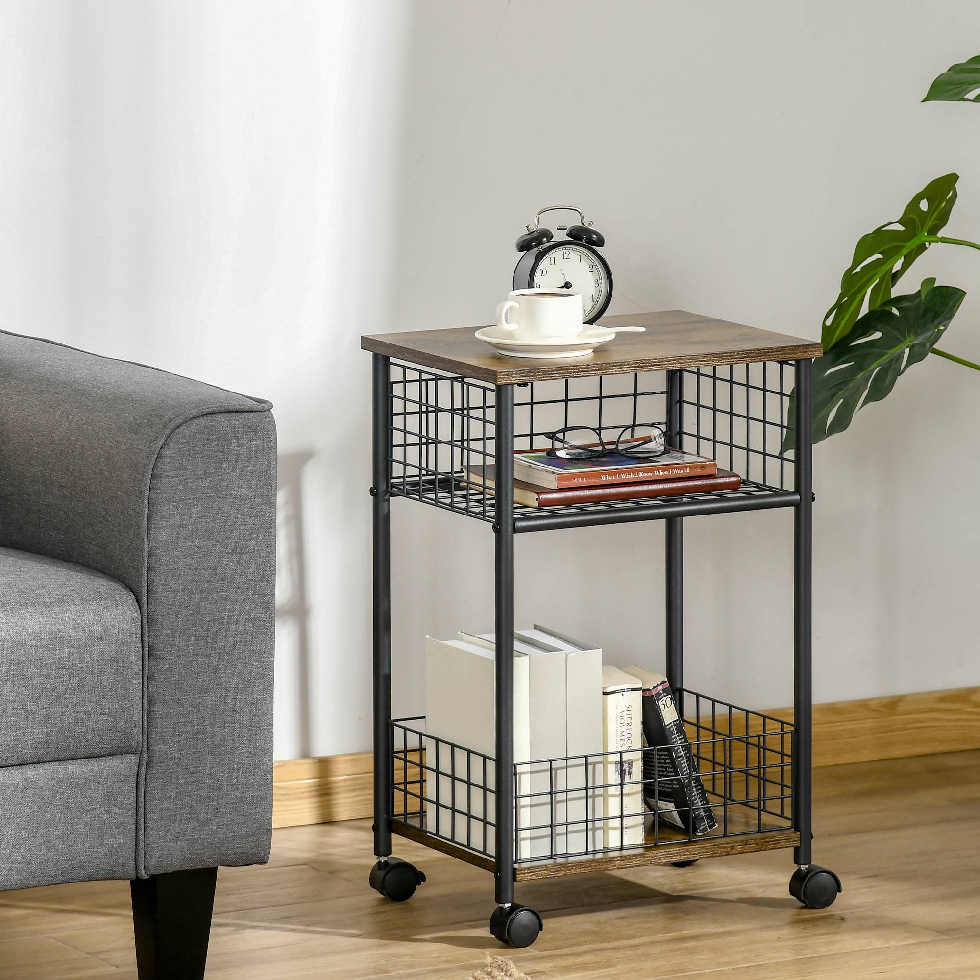 Sans Marque - Chariot cuisine style industriel 1 étagère 1 panier rangement 4 roues 40x30x62 cm acier noir marron - Image 4