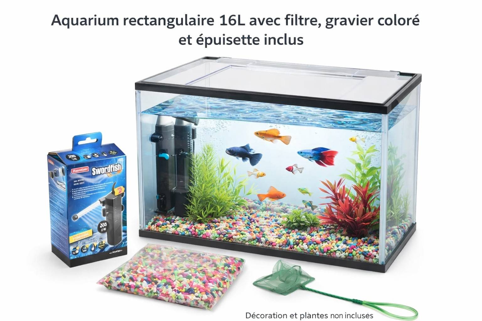 Kit Aquarium rectangulaire 16L avec filtre, gravier et épuisette - Image 3