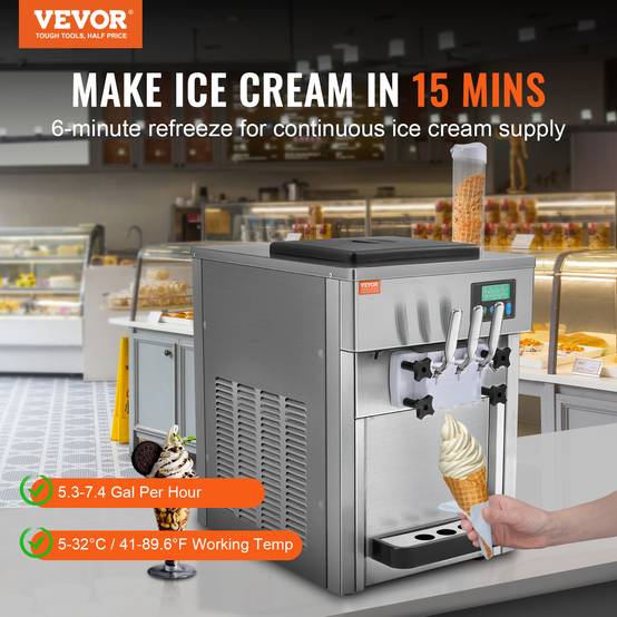 VEVOR Machine à crème glacée 20 L/h 1800W, 3 saveurs, trémie 2x4L, pré-refroidissement, auto-nettoyage. - Image 2