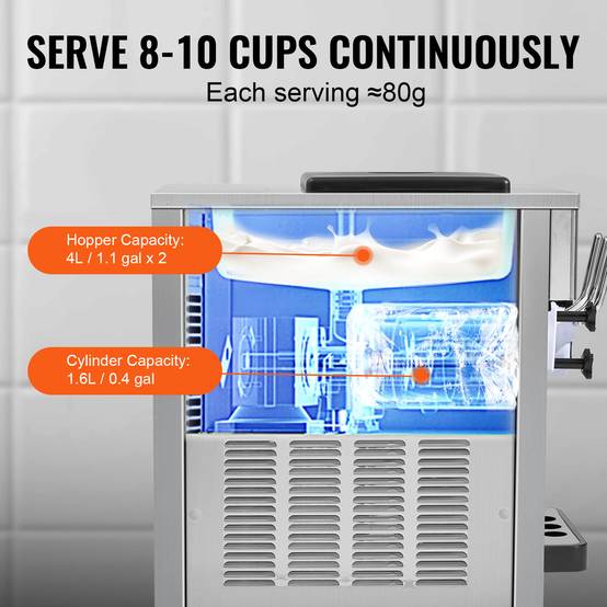VEVOR Machine à crème glacée 20 L/h 1800W, 3 saveurs, trémie 2x4L, pré-refroidissement, auto-nettoyage. - Image 4