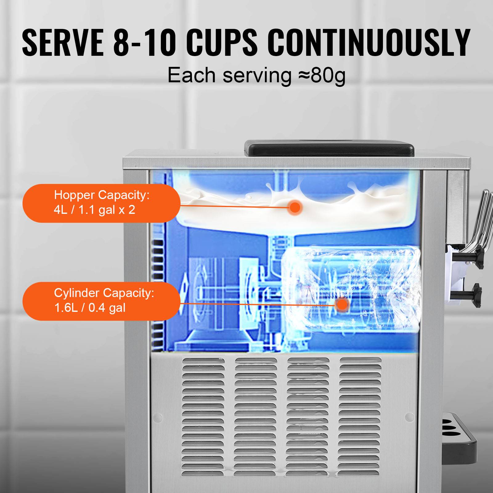 VEVOR Machine à crème glacée 20 L/h 1800W, 3 saveurs, trémie 2x4L, pré-refroidissement, auto-nettoyage. - Image 4