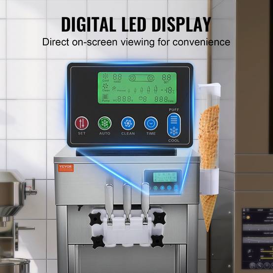 VEVOR Machine à crème glacée 20 L/h 1800W, 3 saveurs, trémie 2x4L, pré-refroidissement, auto-nettoyage. - Image 5