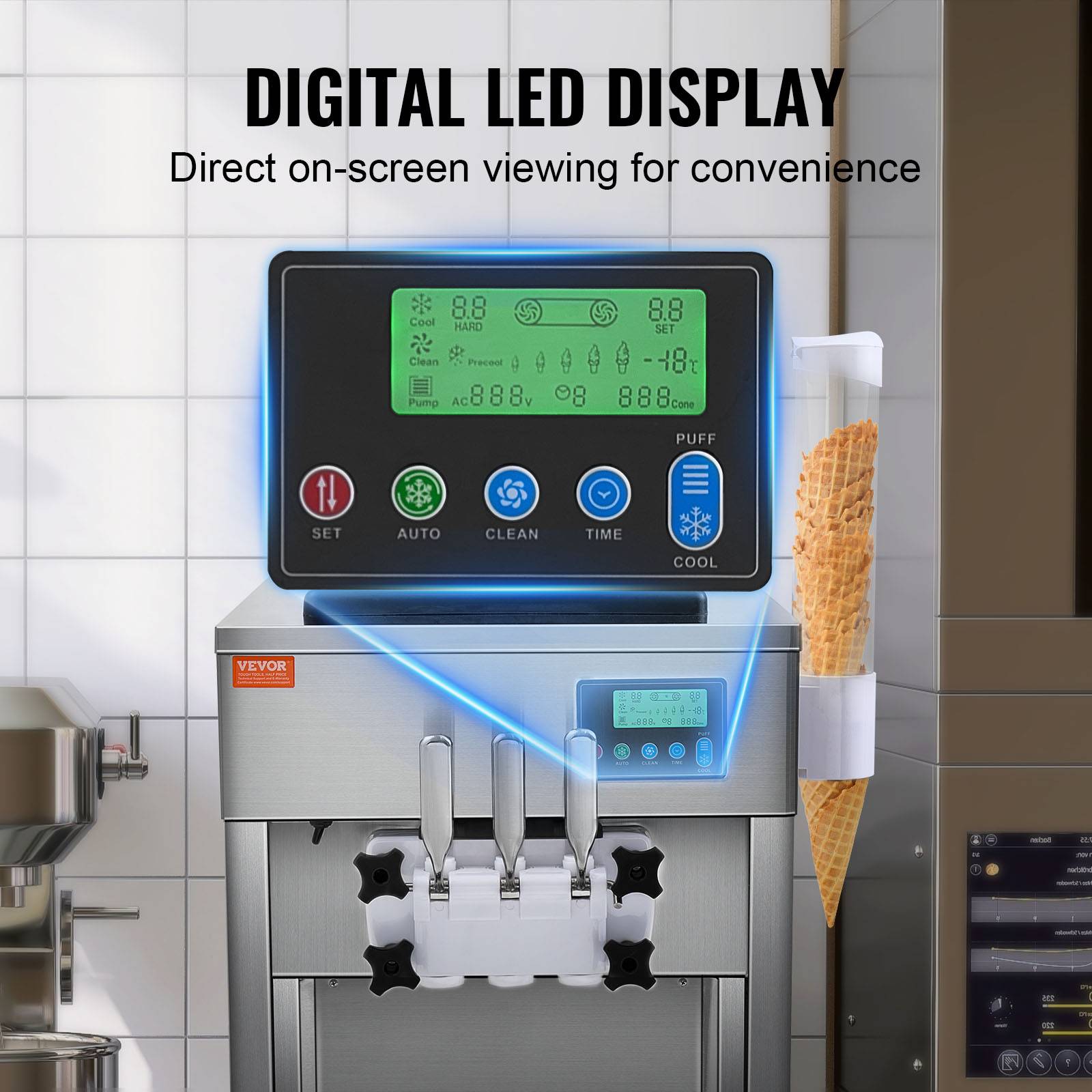 VEVOR Machine à crème glacée 20 L/h 1800W, 3 saveurs, trémie 2x4L, pré-refroidissement, auto-nettoyage. - Image 5