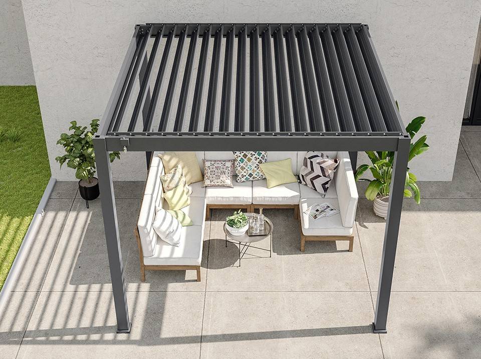Pergola Bioclimatique Aluminium Autoportée 9m² - 3x3 m Deux Stores 3m Inclus - 19 Lames Aluminium Inclinables a 90 degrés - AURORA - Image 4
