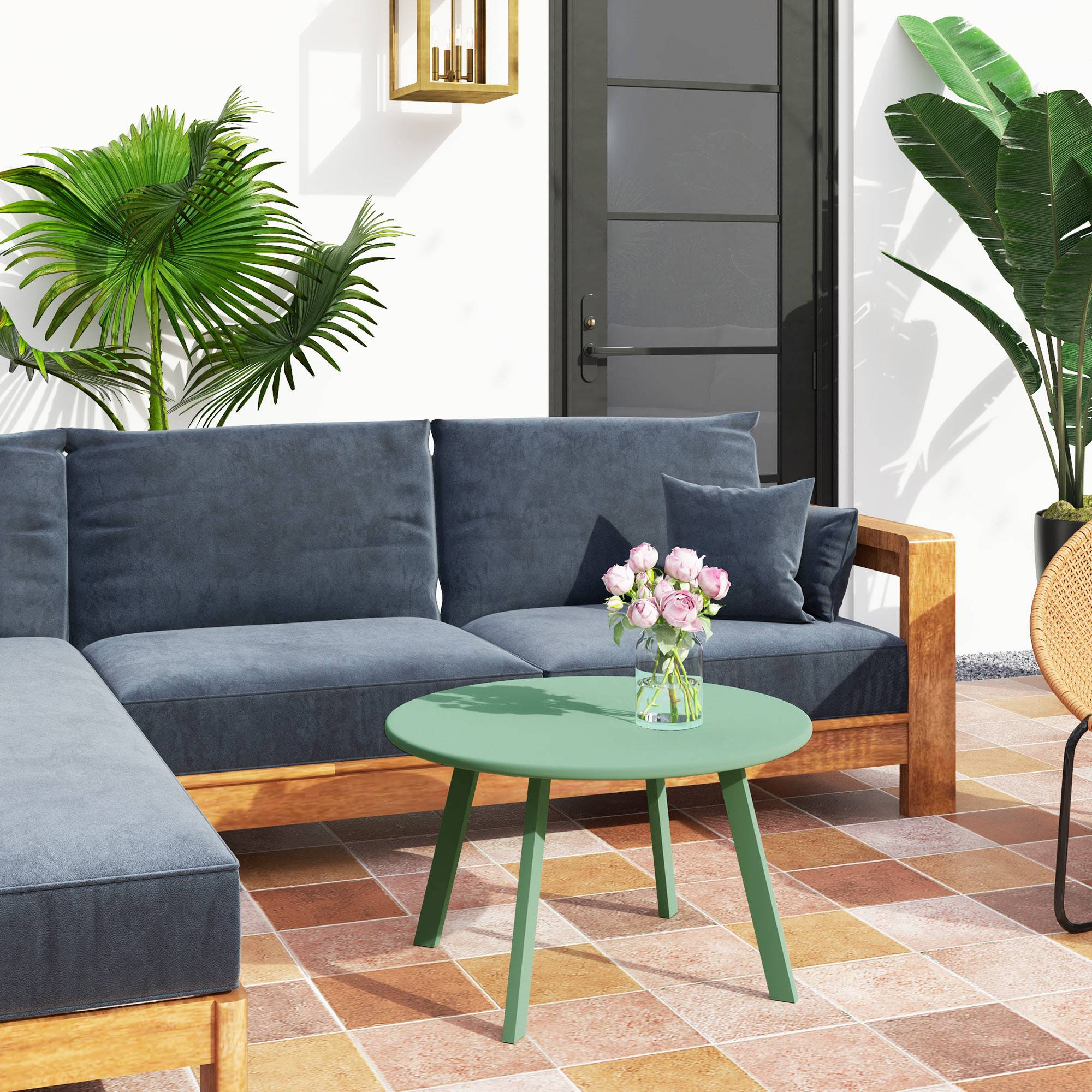 Petite table basse ronde, table d'appoint avec patins antidérapants, cadre en métal, pour jardin, Ø 70 x 42 cm, vert - Image 3