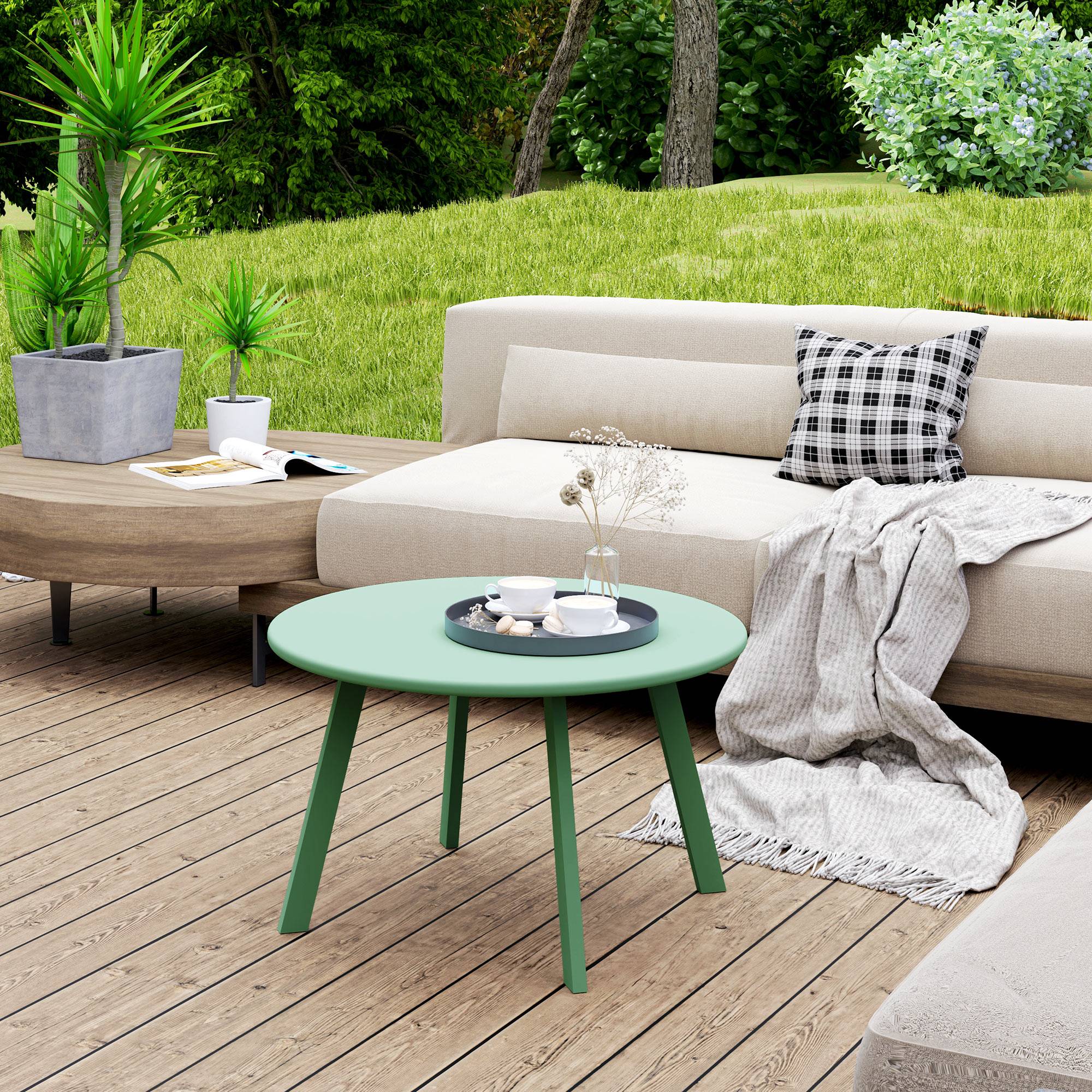 Petite table basse ronde, table d'appoint avec patins antidérapants, cadre en métal, pour jardin, Ø 70 x 42 cm, vert - Image 4