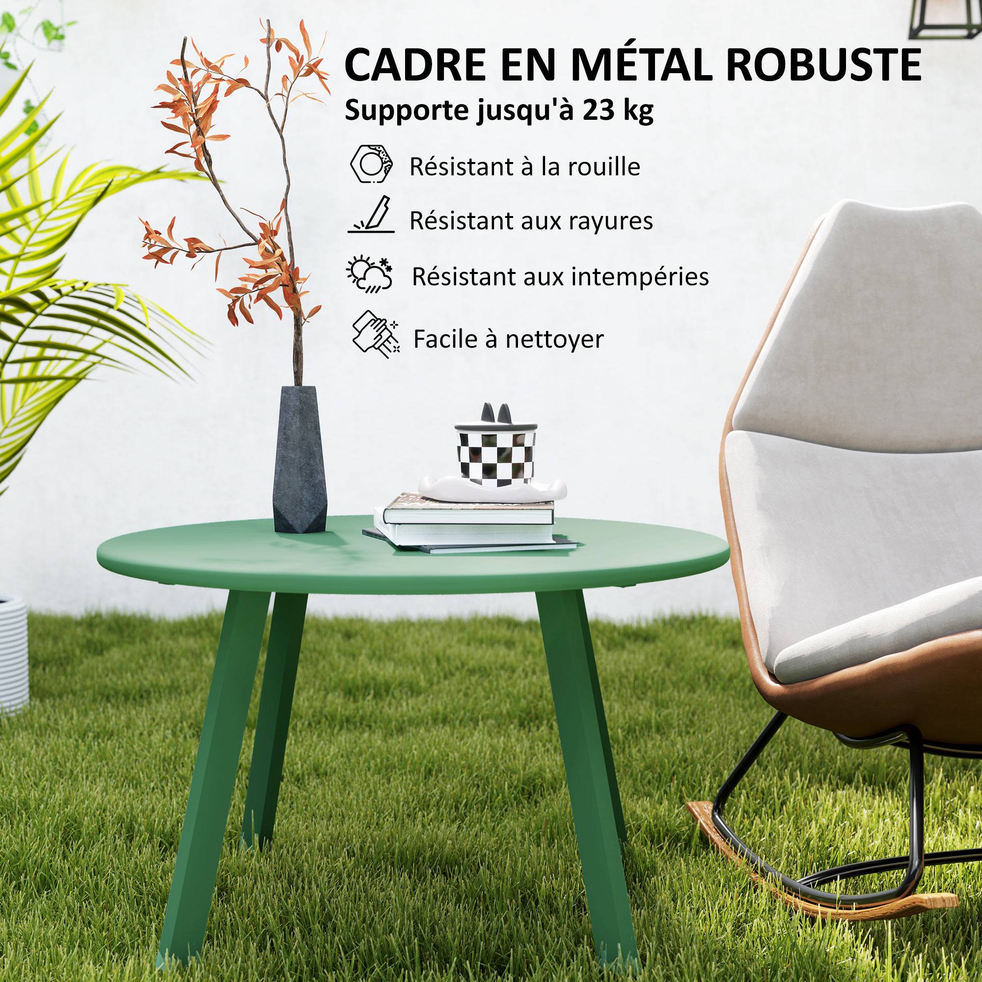 Petite table basse ronde, table d'appoint avec patins antidérapants, cadre en métal, pour jardin, Ø 70 x 42 cm, vert - Image 7